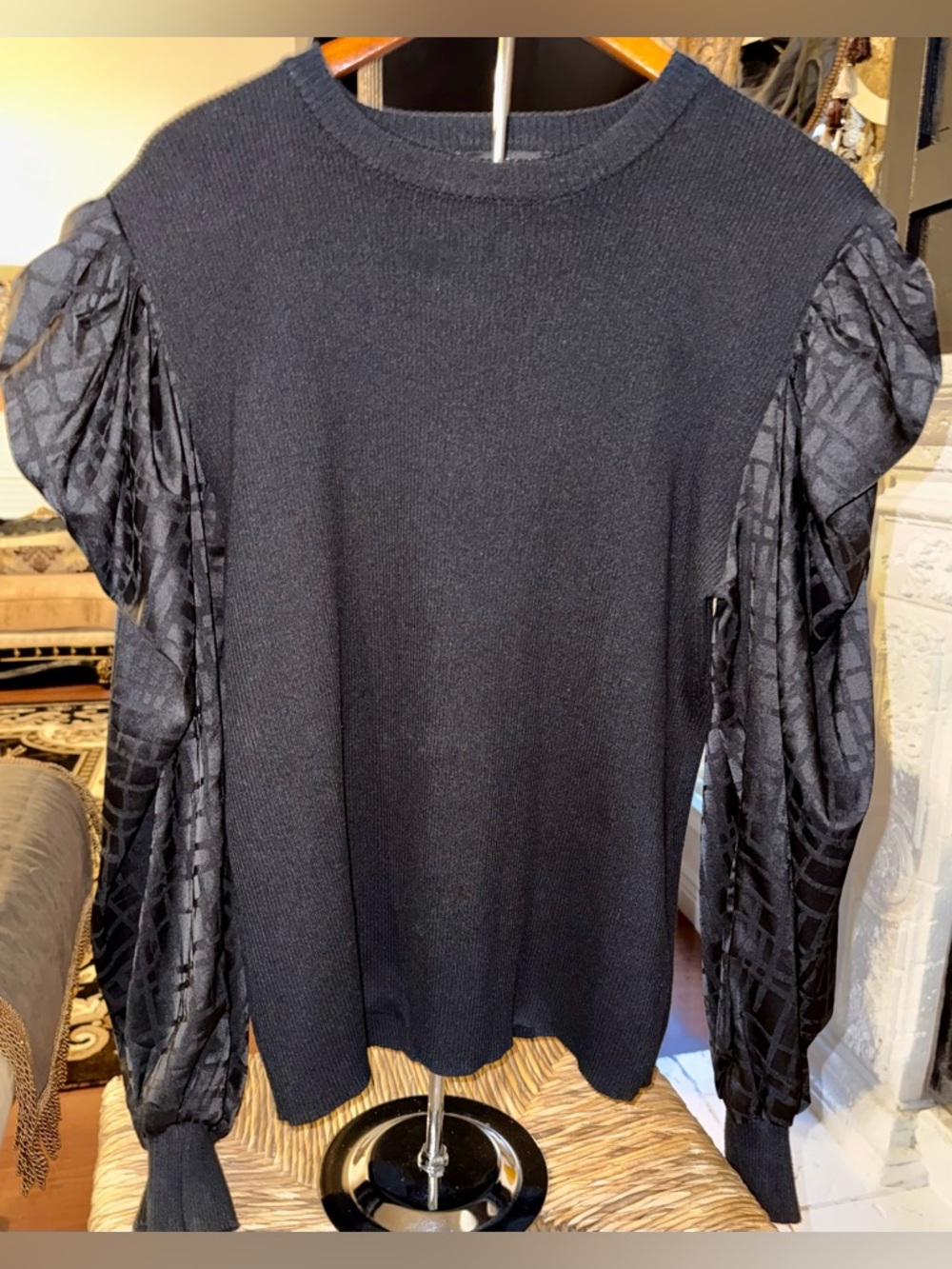 Black Knit Top with Patterned Sheer Puff Sleeves